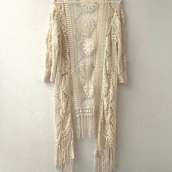 CATO FLORAL CROCHET LACE FRINGE BOHO OPEN FRONT CARDIGAN - Picture 1 of 16